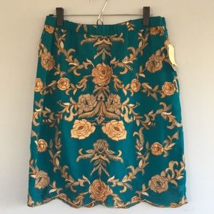 BNWT Anthropologie Blue Gold Embroidered Skirt